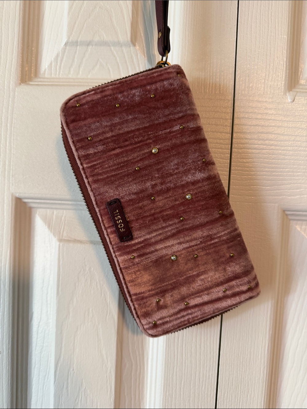 Fossil Mauve Velvet Wristlet Clutch with Gold Studs